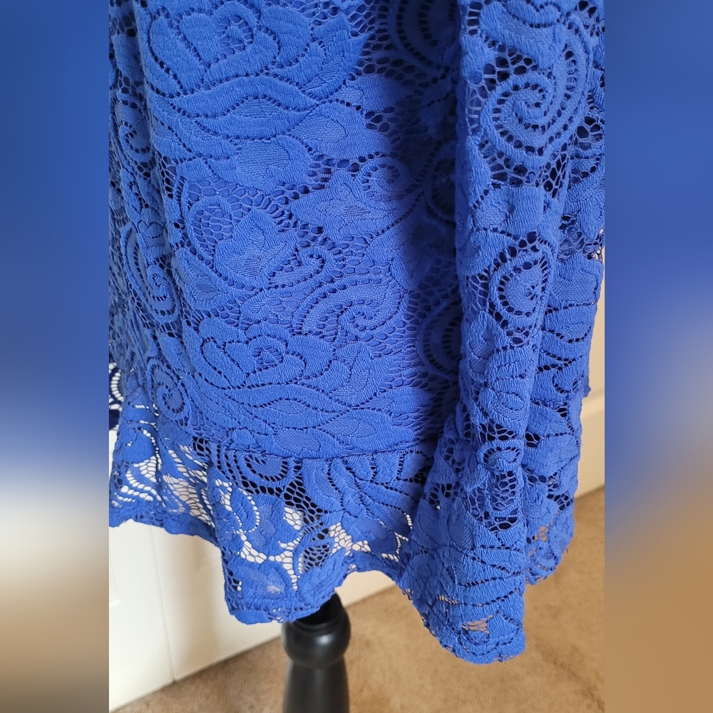 INC. Women's New Blue Lace Cold Shoulder Lined Long Sheer Sleeve Top Size SMALL - Picture 5 of 6